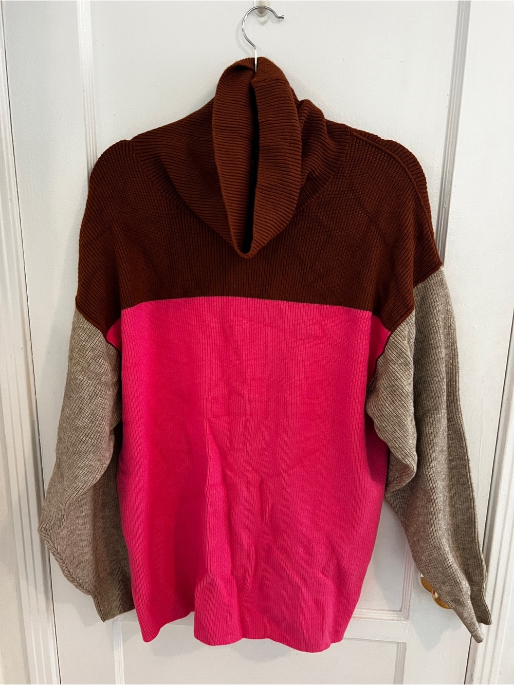Free People Colorblock Cowlneck Sweater - Pink, Brown & Tan